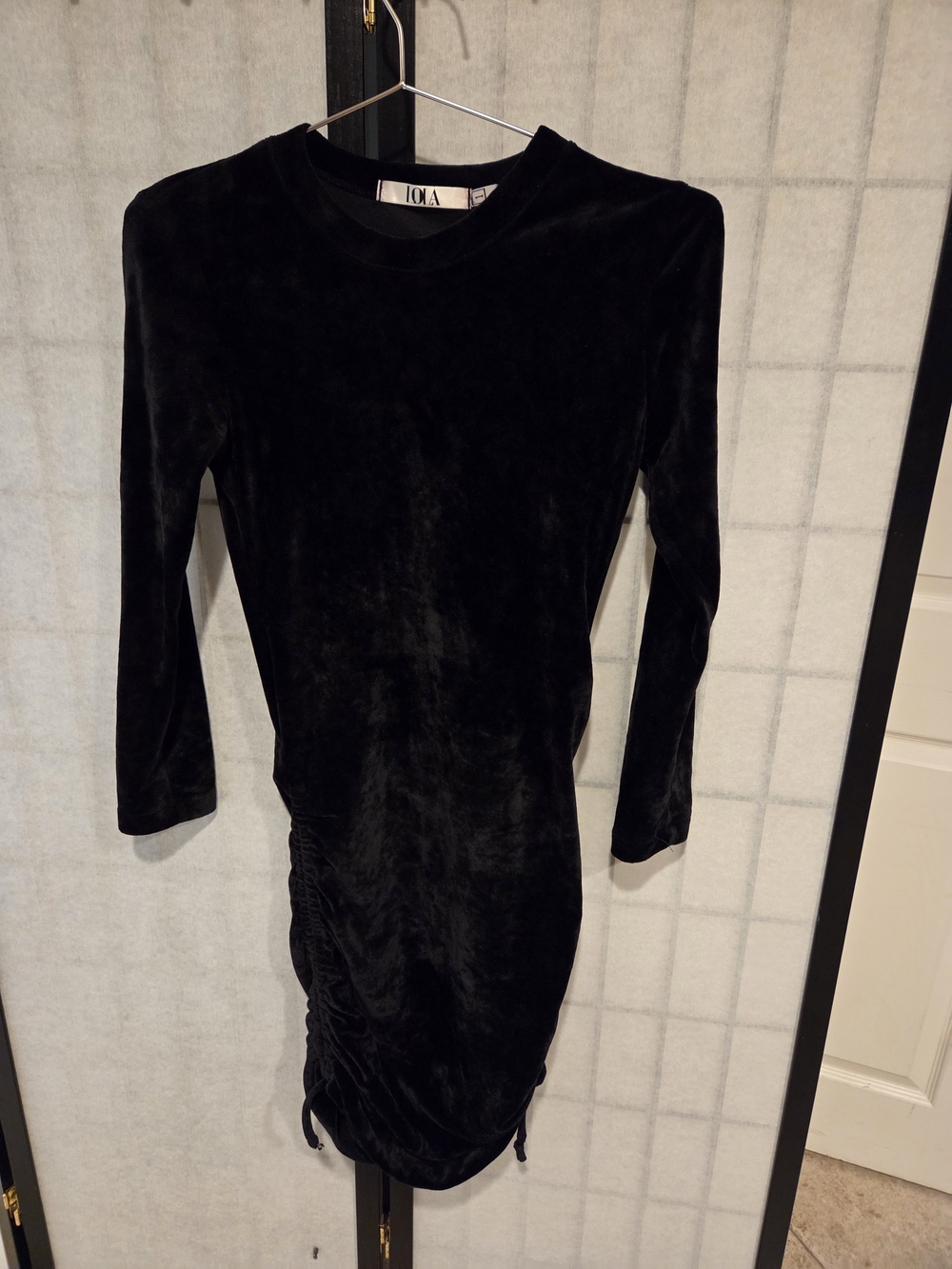 lola Black Velvet Long Sleeve Mini Dress with Side Drawstring